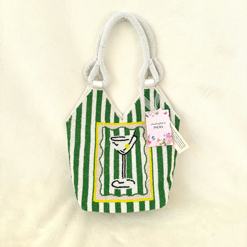 Viral Beaded Green & White Striped Martini Bag